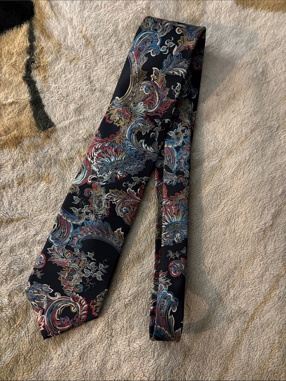 Balmain Black Paisley Silk Tie with Red & Blue Motifs Extra-Long
